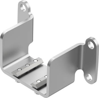 Supporto metallico con forma curva e fori per il fissaggio, idoneo al sostegno di componenti o strutture.
