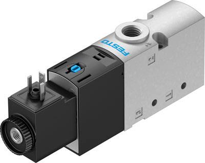 Elettrovalvola Festo con attacchi e involucro nero; utilizzata per il controllo di flussi di aria o gas in sistemi di automazione.