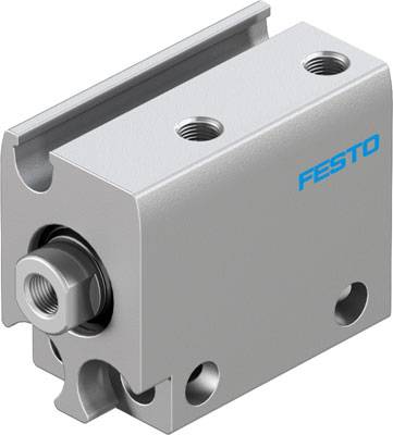 Un cilindro argentato con diversi fori per viti e il logo blu dell'azienda 'Festo' sul lato destro.