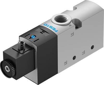 Valvola Festo con involucro nero e argento, raccordo circolare superiore, idonea per il controllo dell'aria compressa in sistemi di automazione.