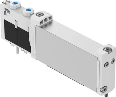 Una valvola comandata da solenoide con due attacchi e tasti blu sulla parte superiore. Appare compatta e progettata in stile industriale.