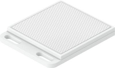 Un oggetto rettangolare bianco con una struttura simile a un favo sulla superficie, probabilmente un componente tecnico o un sensore.