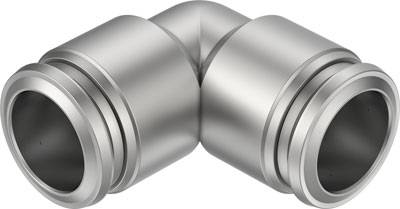 Pezzo di giunzione tubolare metallico a L, con bordi lisci, idoneo per collegare due tubi ad angolo retto di 90 gradi.