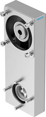 Dispositivo metallico rettangolare con diverse viti e ingranaggi. Nella parte superiore è visibile un'apertura circolare con un modulo di montaggio.