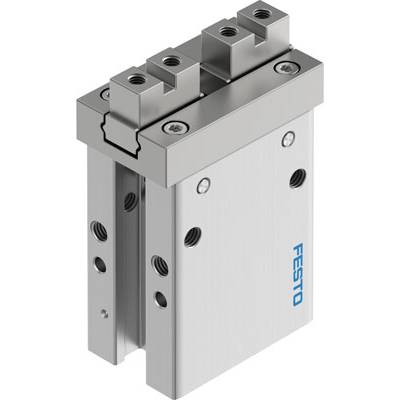 Attuatore pneumatico in argento di Festo con multiple connessioni e fori per viti, utilizzato in sistemi automatizzati.