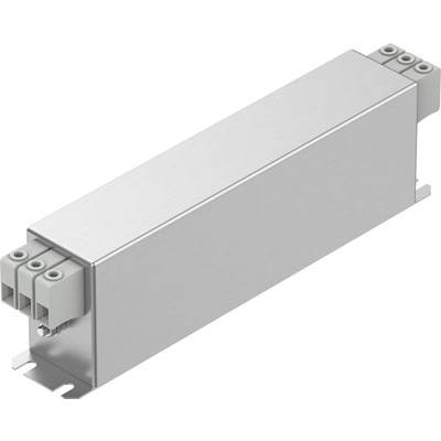 Una scatola rettangolare grigia con connessioni alle estremità, probabilmente un filtro elettrico o un componente simile.