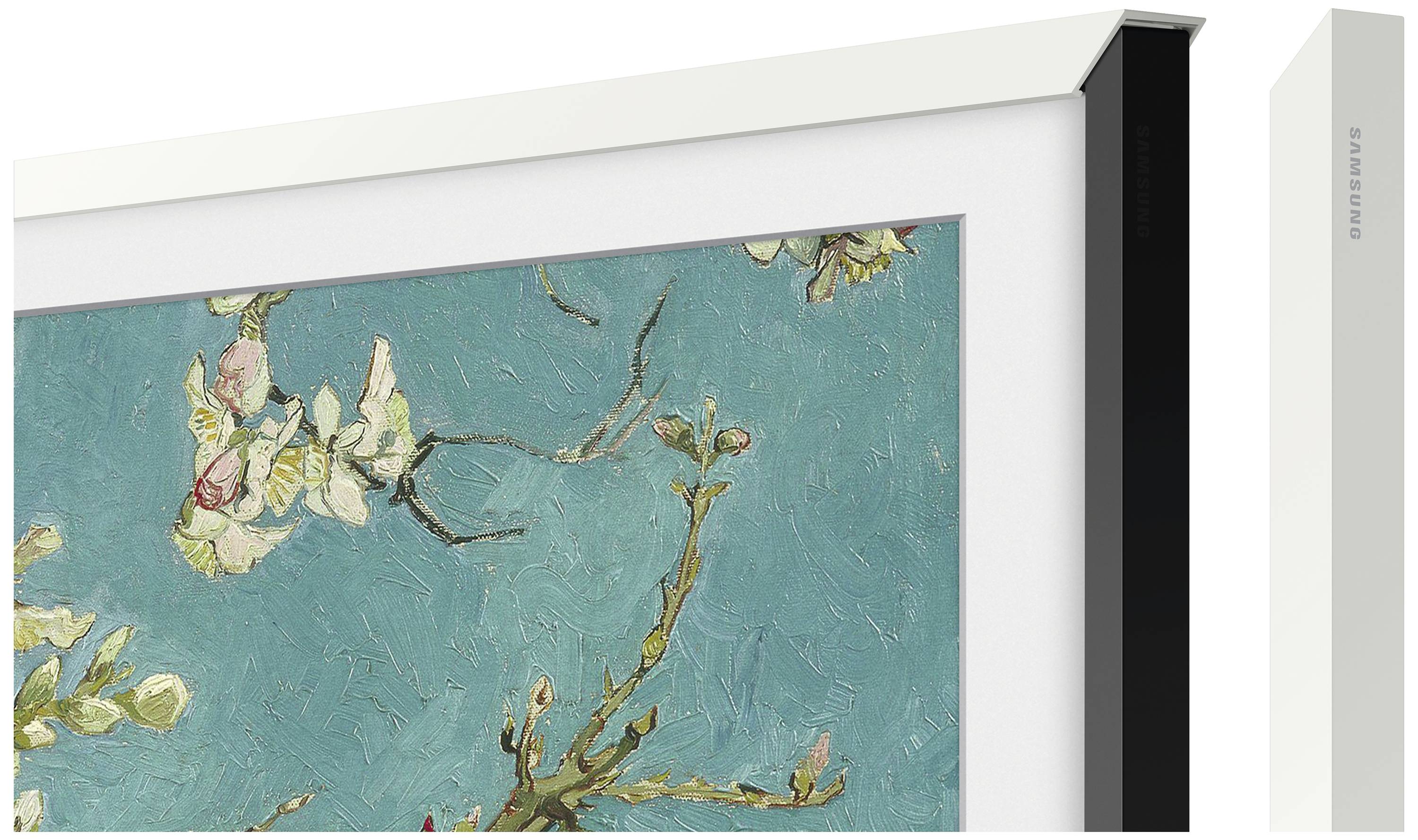 Dipinto di un ramo con fiori su sfondo blu, incorniciato e leggermente inclinato. Sullo sfondo due opzioni di cornice.