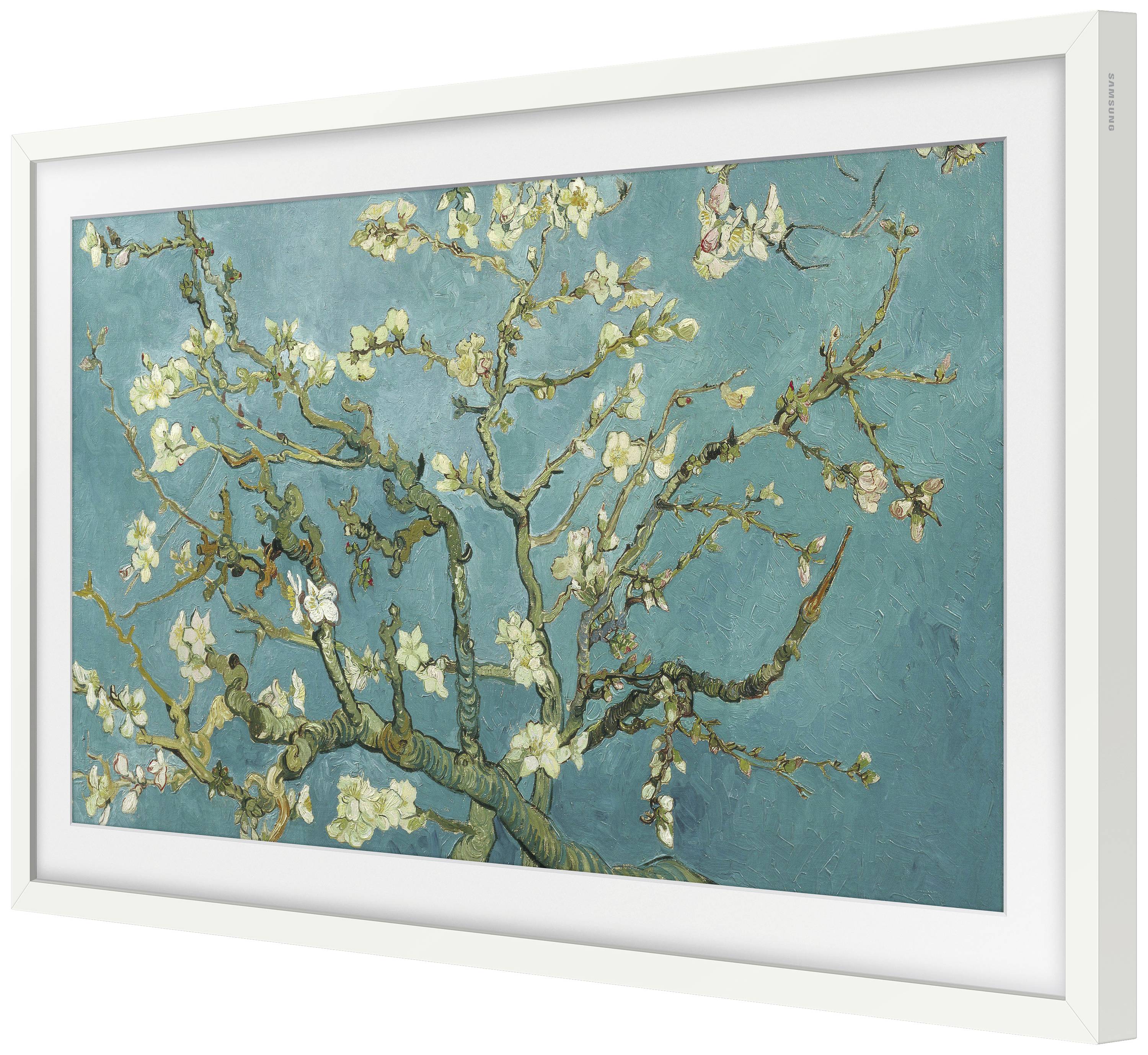 Un dipinto di un mandorlo in fiore con rami sinuosi sullo sfondo di un blu intenso. Ispiratore e in armonia con la natura.