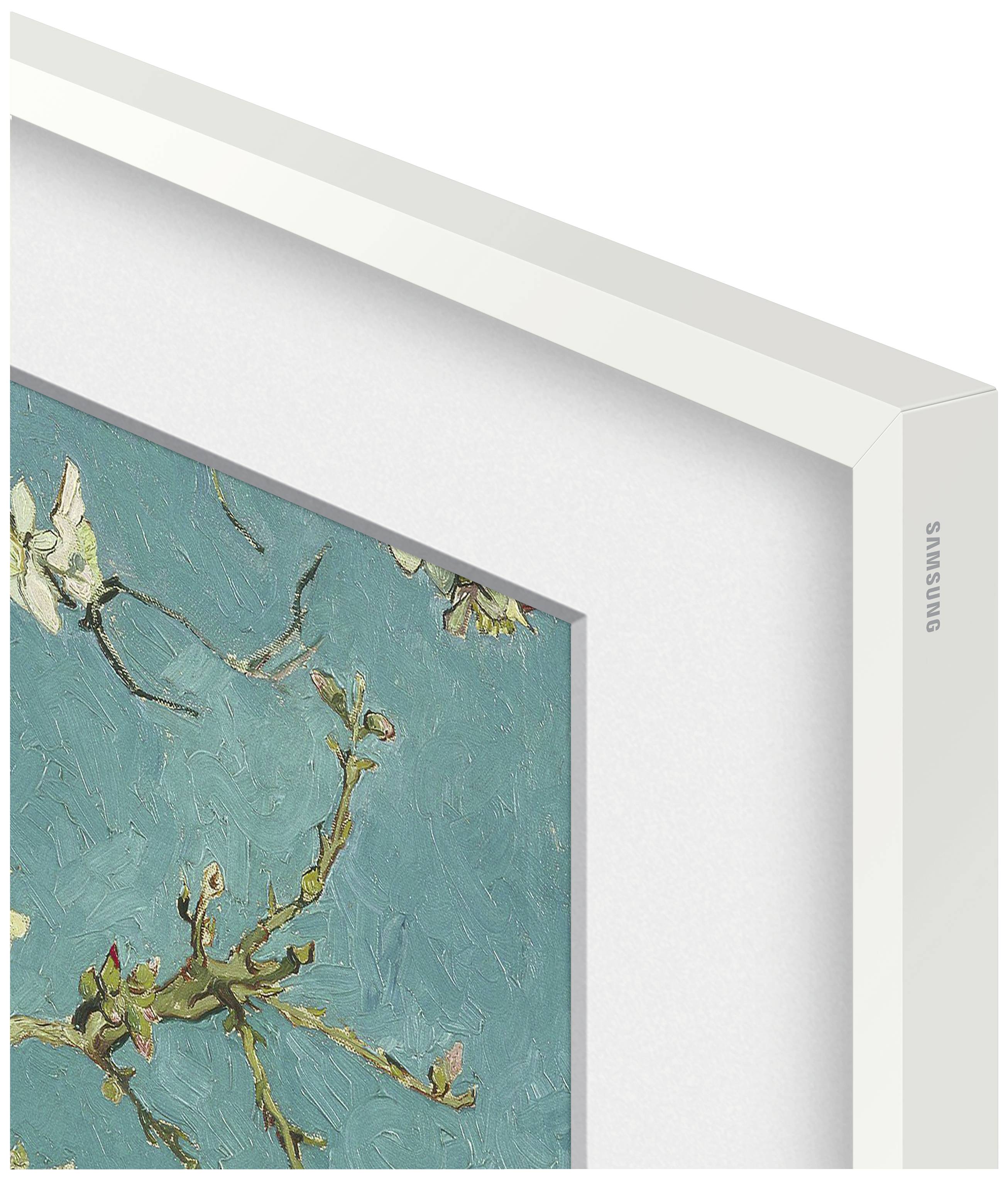 Un cornice appesa a una parete mostra un dipinto con rami e fiori bianchi su uno sfondo blu.