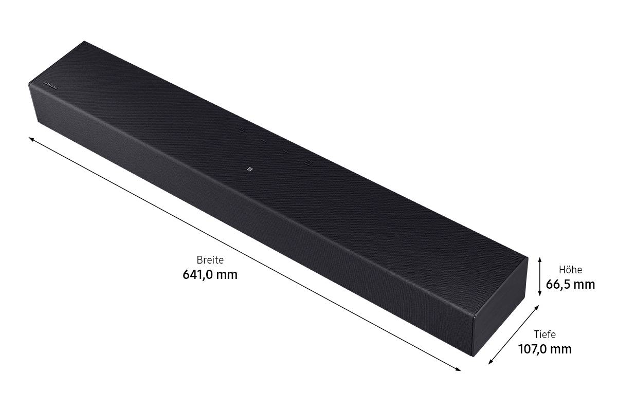 Soundbar nera rettangolare con dimensioni larghezza 641,0 mm, altezza 66,5 mm, profondità 107,0 mm, su sfondo bianco.