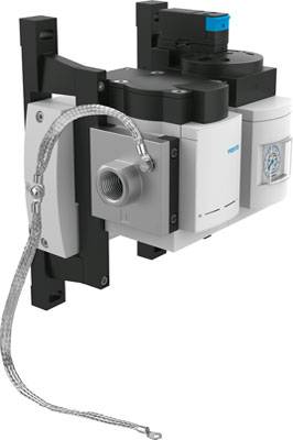 Una valvola pneumatica con attacchi e un dispositivo di regolazione della pressione. Serve per controllare l'aria compressa negli impianti industriali.