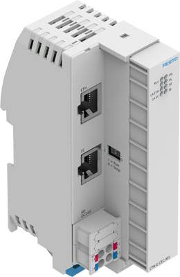 Modulo di sistema industriale grigio con connessioni e spie luminose. Iscrizione: 'FESTO'. Compatto e orientato verticalmente.