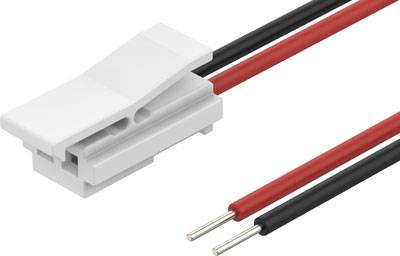 Un connettore a striscia LED bianco con due fili sporgenti, uno rosso e uno nero, per l'alimentazione delle strisce LED.
