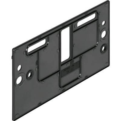Elemento nero rettangolare in plastica con diverse aperture e tagli, probabilmente una piastra di supporto o un componente di montaggio.