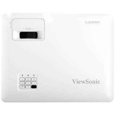 Un proiettore bianco ViewSonic con tastierino, incisione laser in alto a destra e griglie di ventilazione in alto a sinistra sulla parte superiore.