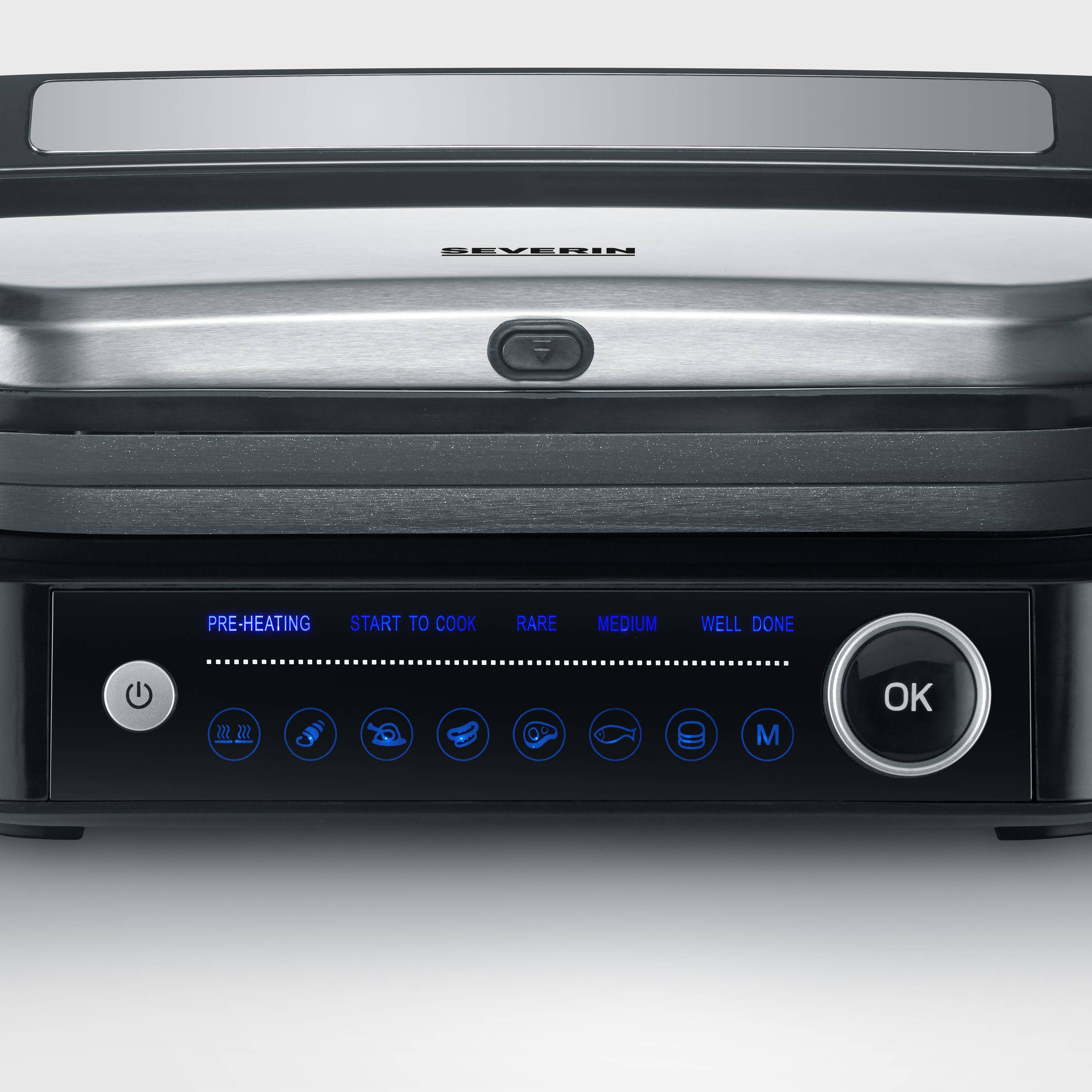 Un barbecue elettrico multifunzionale con varie impostazioni e un display per controllare i livelli di cottura.