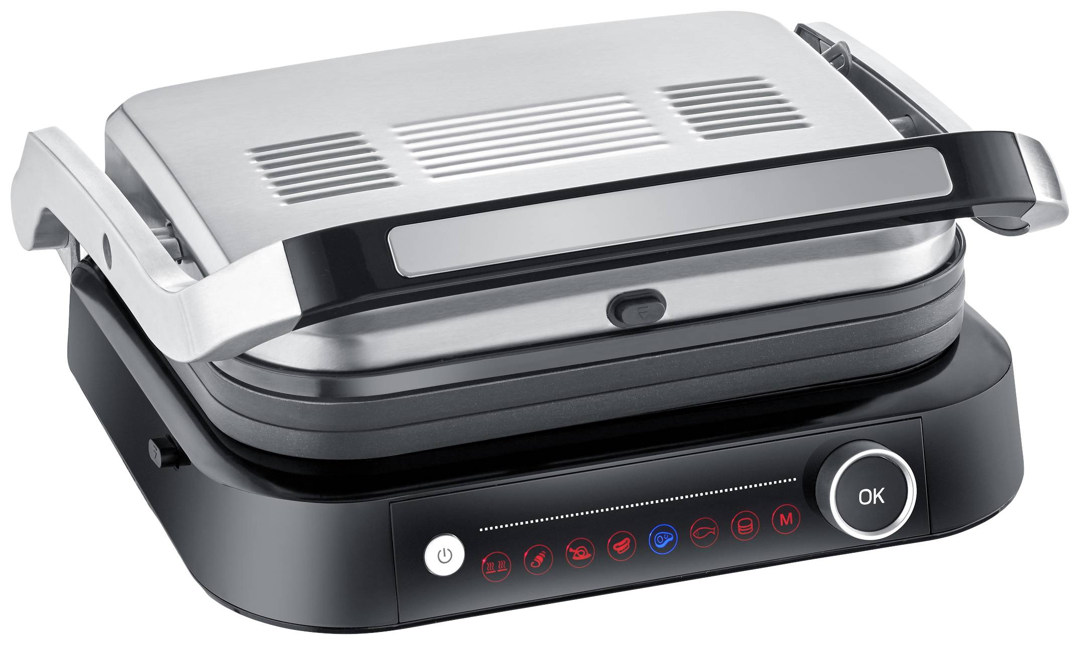 Un grill elettrico in argento con dettagli neri, mostrato chiuso. Dispone di un pannello di controllo con simboli e una manopola di regolazione.