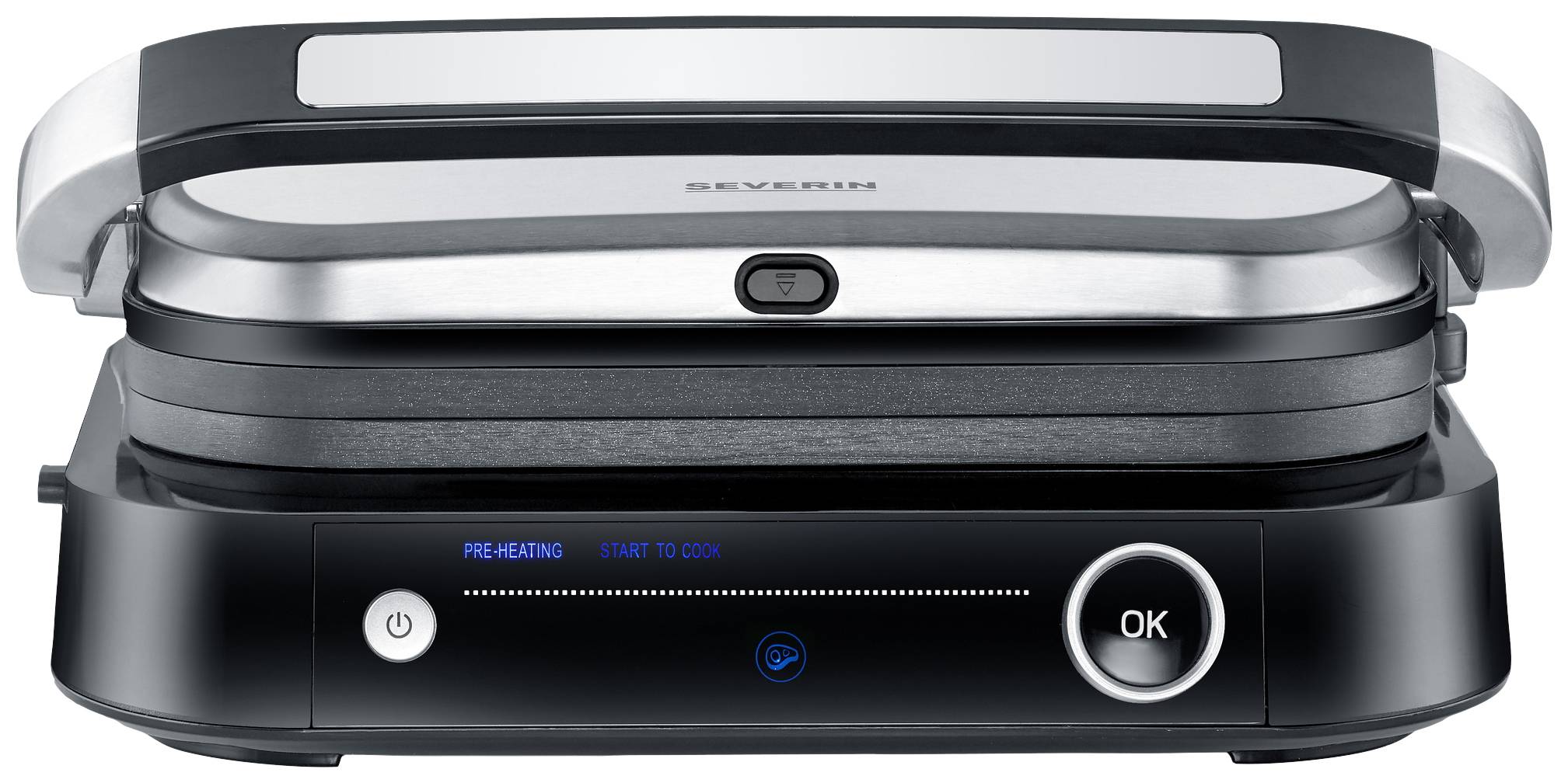 Un grill elettrico a contatto con base nera e piastre grigliate argentate. Il fronte presenta comandi e un display.