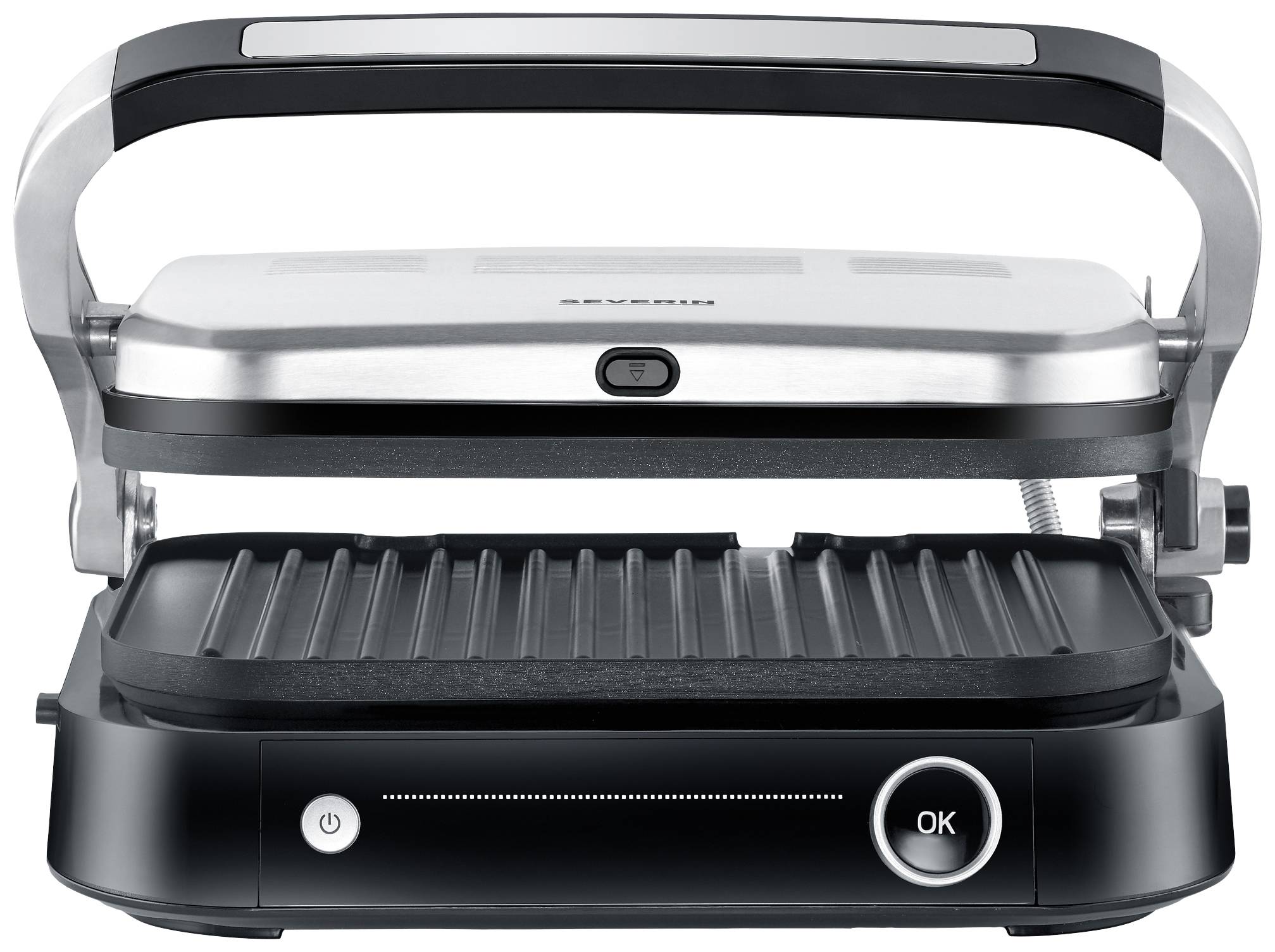 Un grill elettrico con scocca in metallo e piastre scanalate, ideale per grigliare panini e carne.
