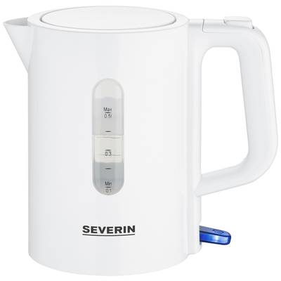 Un bollitore bianco con indicatore del livello dell'acqua visibile. Sul bollitore è scritto 'SEVERIN'.