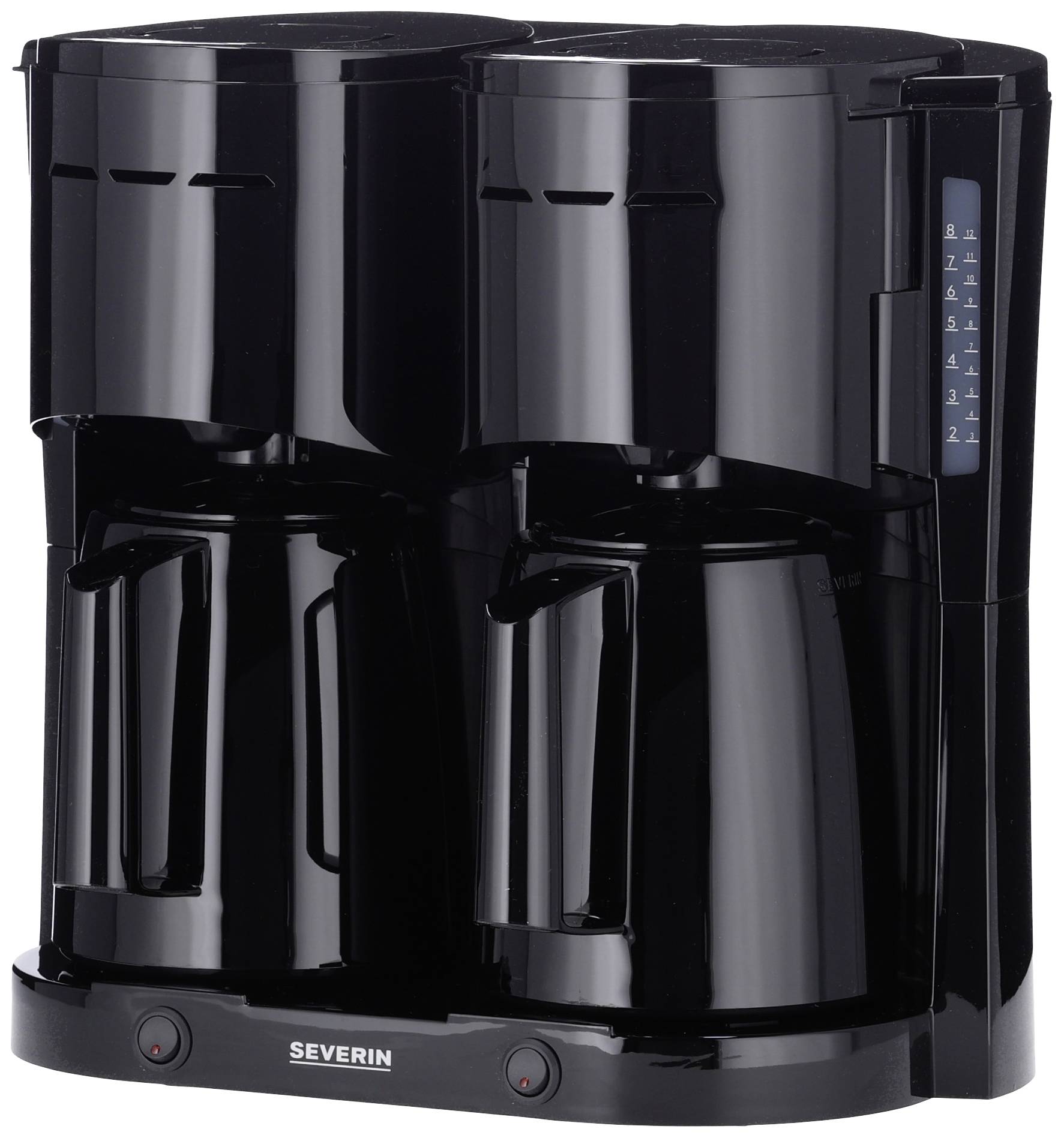 Cosiddetta macchina per caffè filtrato nero con due caraffe, ciascuna sotto camere di infusione separate.