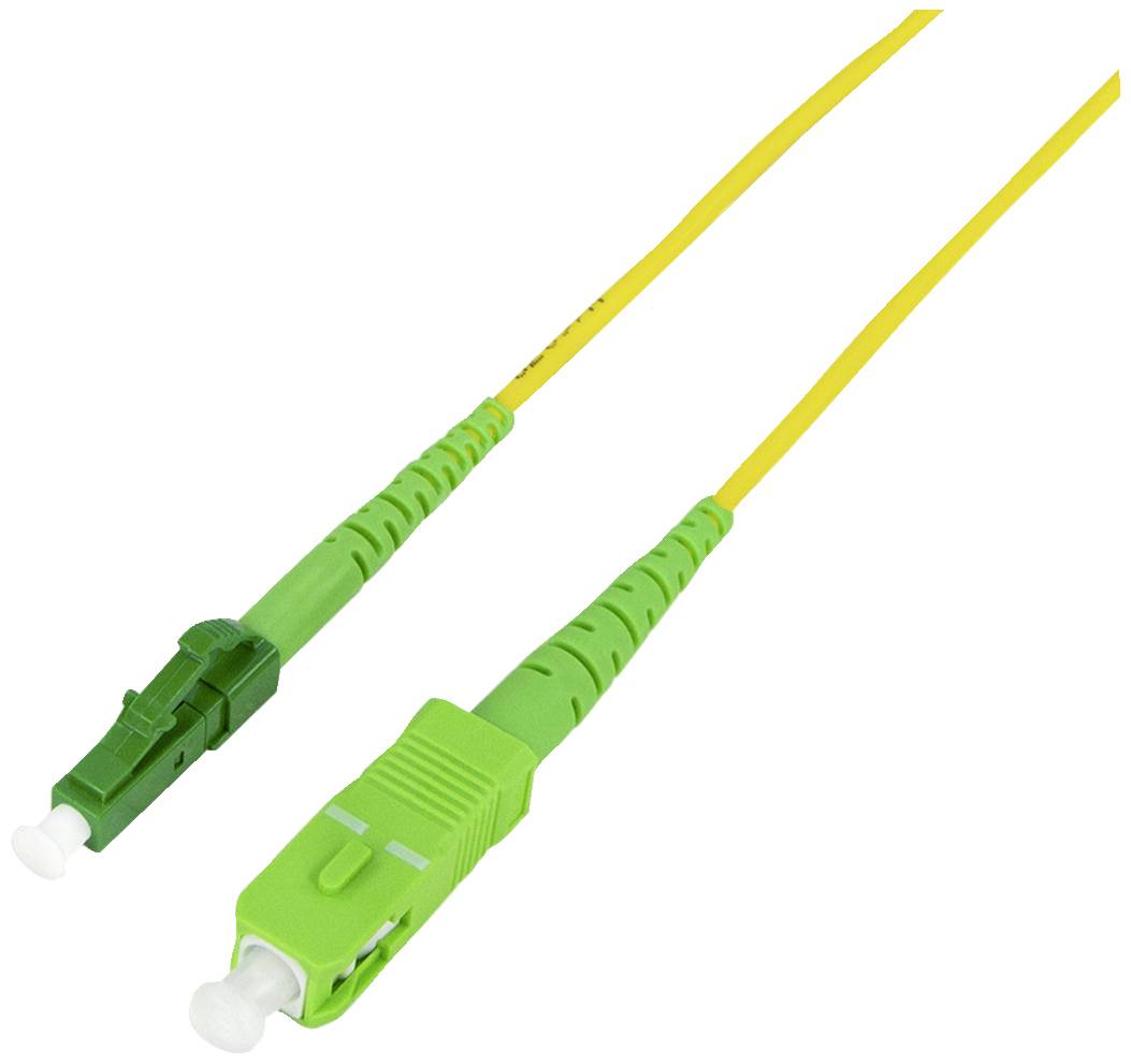Un cavo in fibra ottica giallo con connettori verdi alle estremità, tipicamente utilizzato per connessioni internet ad alta velocità.