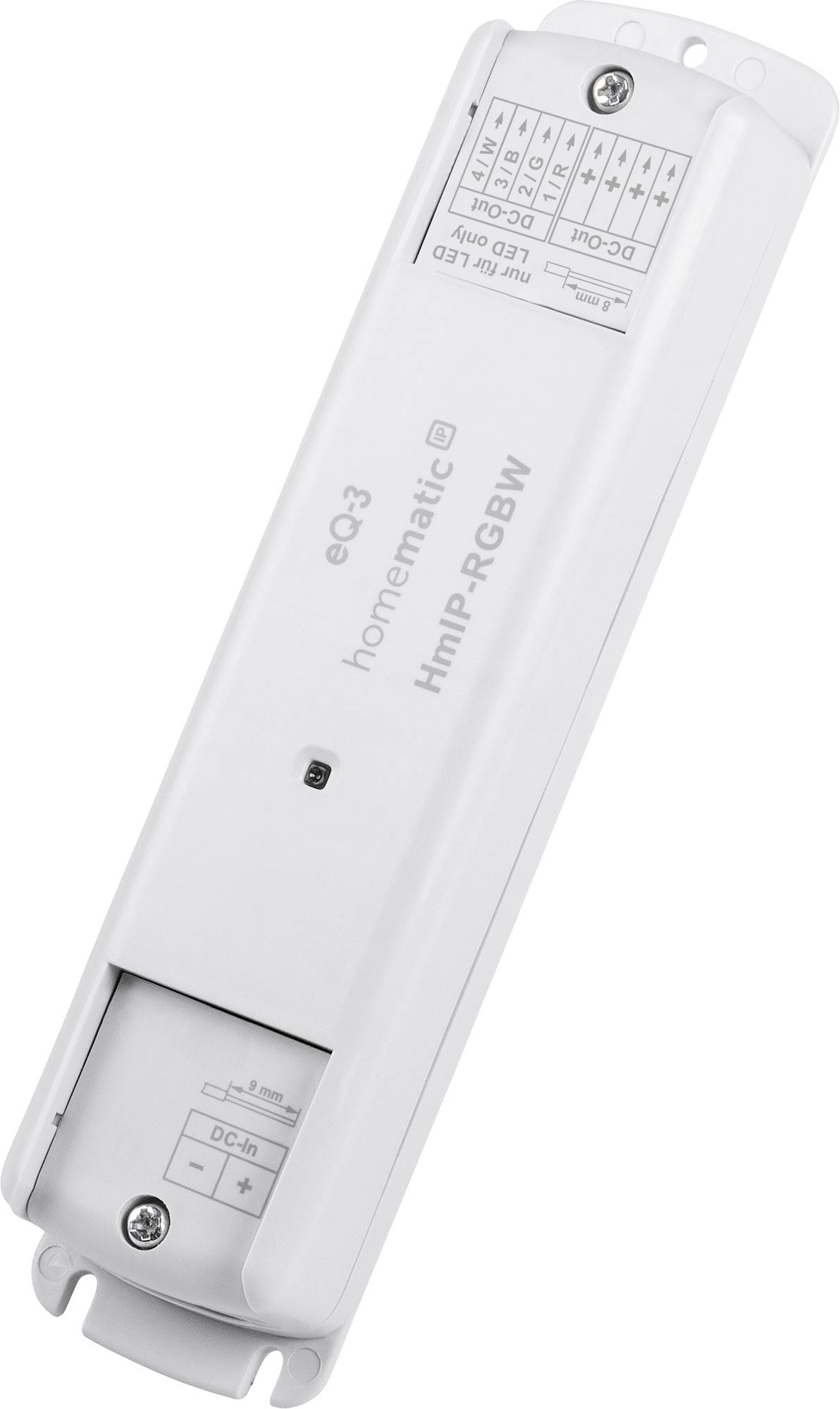 'Adattatore di controllo luci intelligente in bianco con tasti e connessioni, per il controllo di strisce LED RGB, modello HmIP-RGBW, di eQ3.'