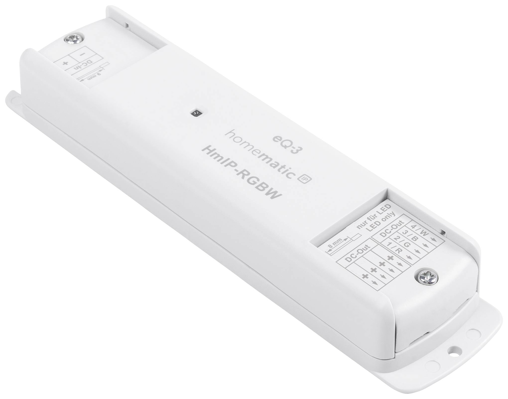 Un dispositivo di controllo Homematic IP RGBW bianco su uno sfondo neutro, con connessioni e campi di controllo etichettati.