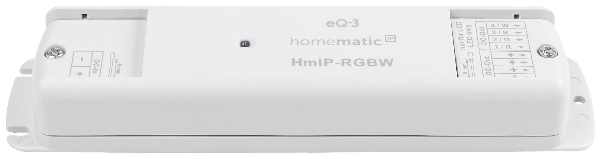 Un controller LED wireless Homematic bianco HmIP-RGBW con numero di modello e connessioni, idoneo per il controllo di LED RGBW.