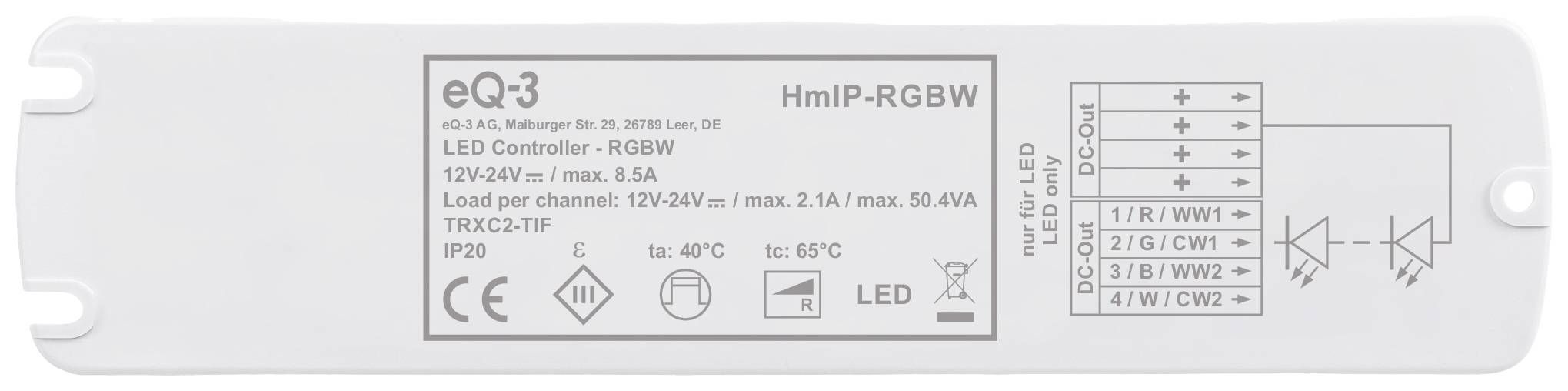 Controller LED con specifiche: HmIP-RGBW, 12V-24V/max 5A, IP20. Contiene simboli per connessioni e tensione. Di eQ-3 GmbH.