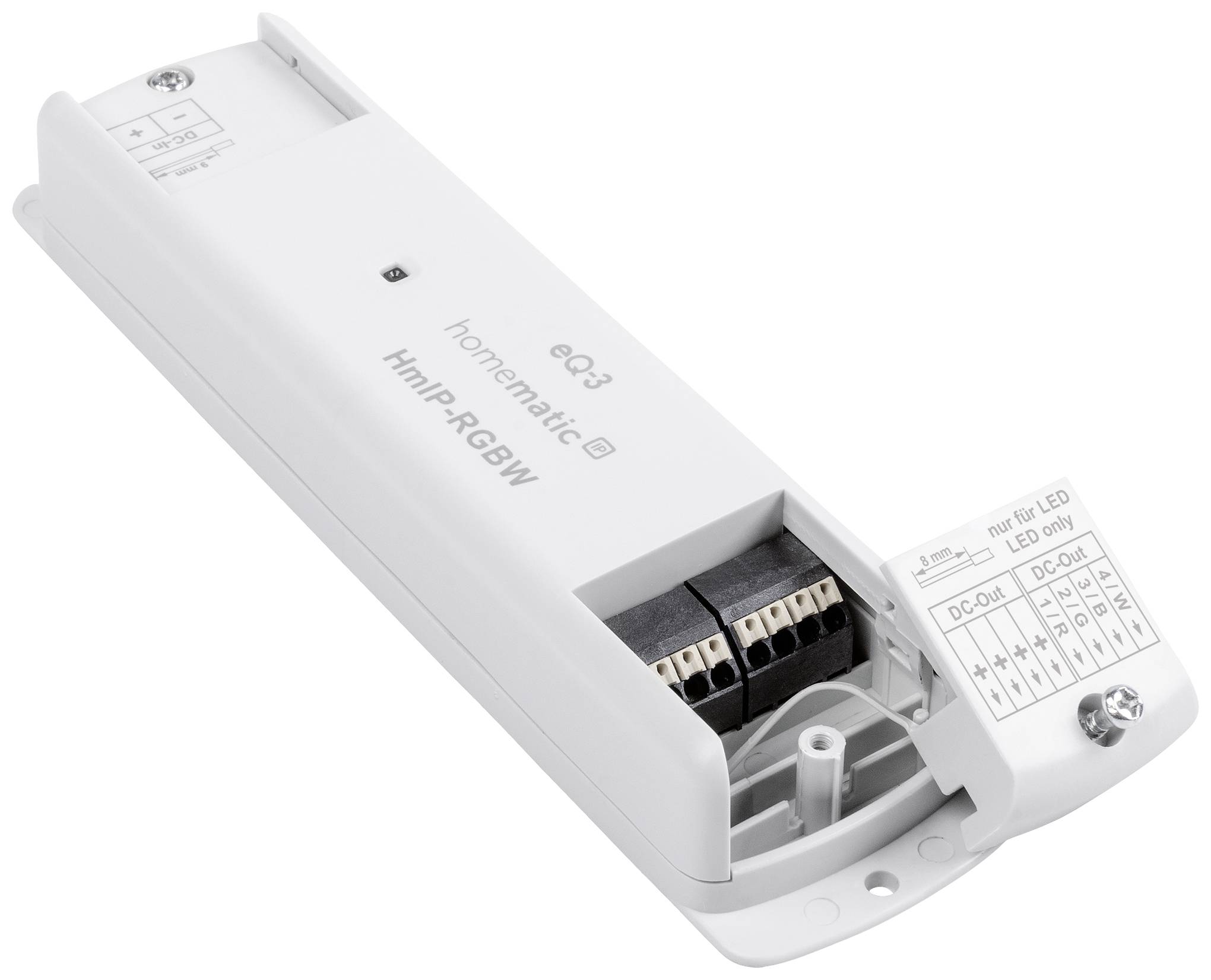 'Controller LED Homematic IP a forma di L, bianco, con connessioni. Etichetta: HmIP-RGBW, adatto per strisce LED.'