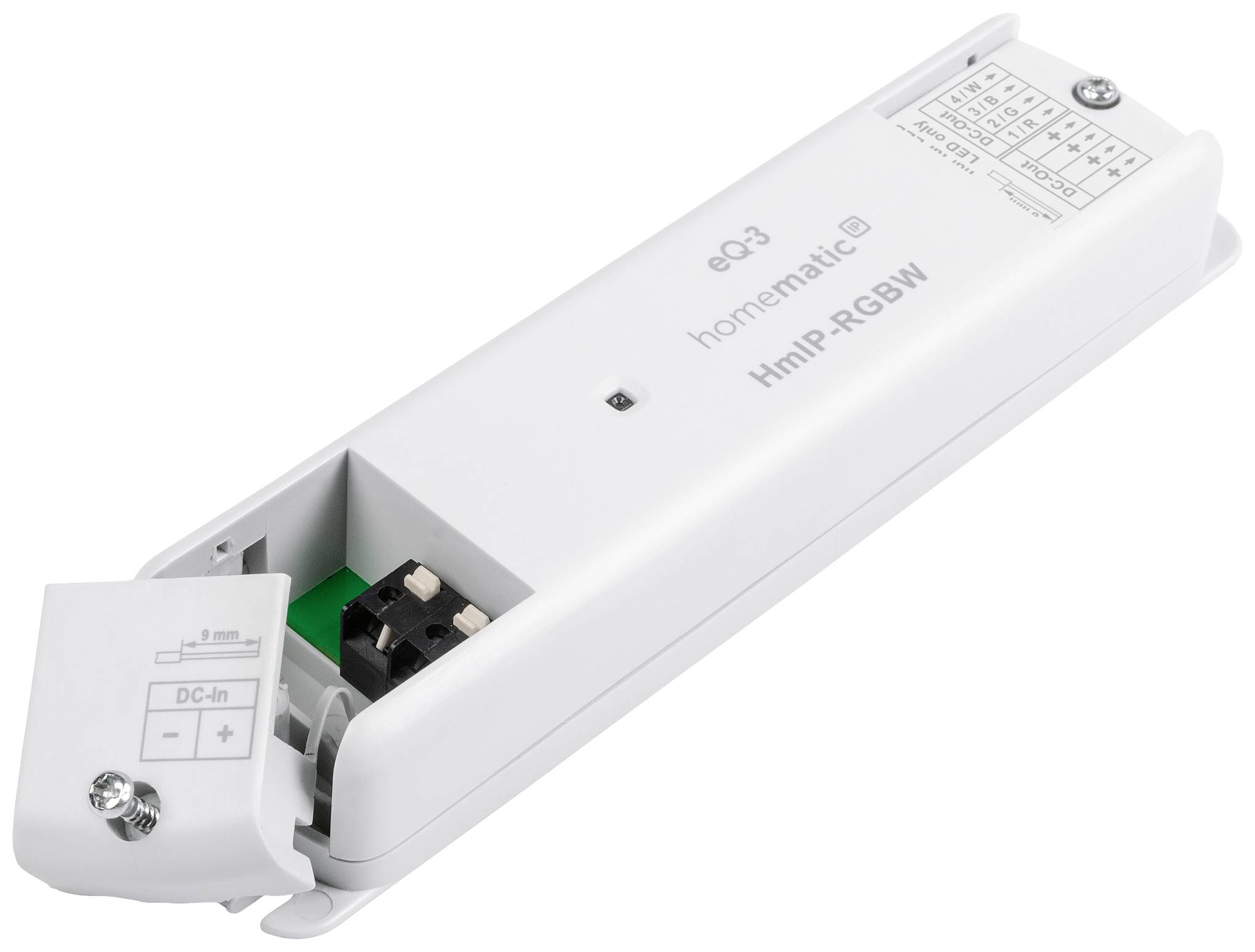 Controller Homematic HmIP-RGBW bianco con coperchio aperto, che mostra i collegamenti per l'alimentazione e i moduli di controllo.
