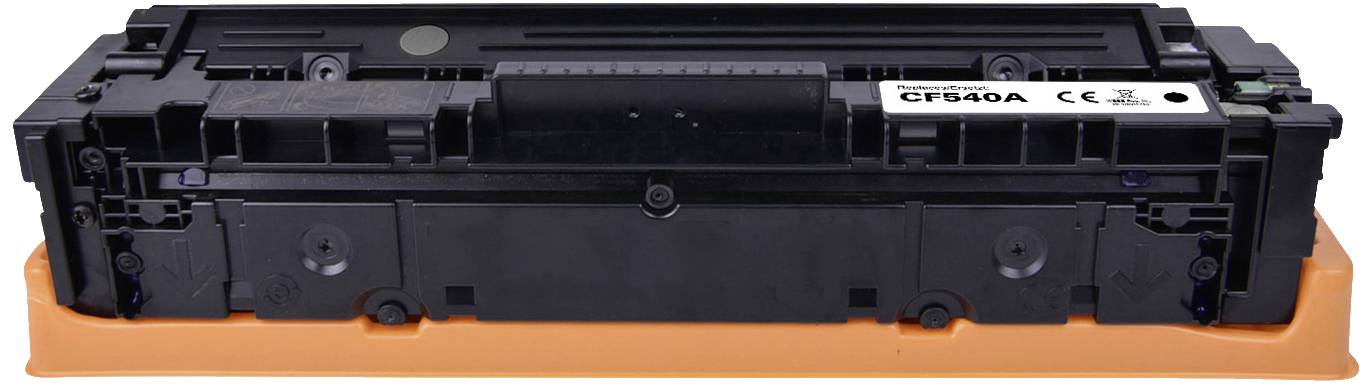 Una cartuccia del toner per stampante nera, rettangolare, con una protezione in plastica arancione sulla parte inferiore.