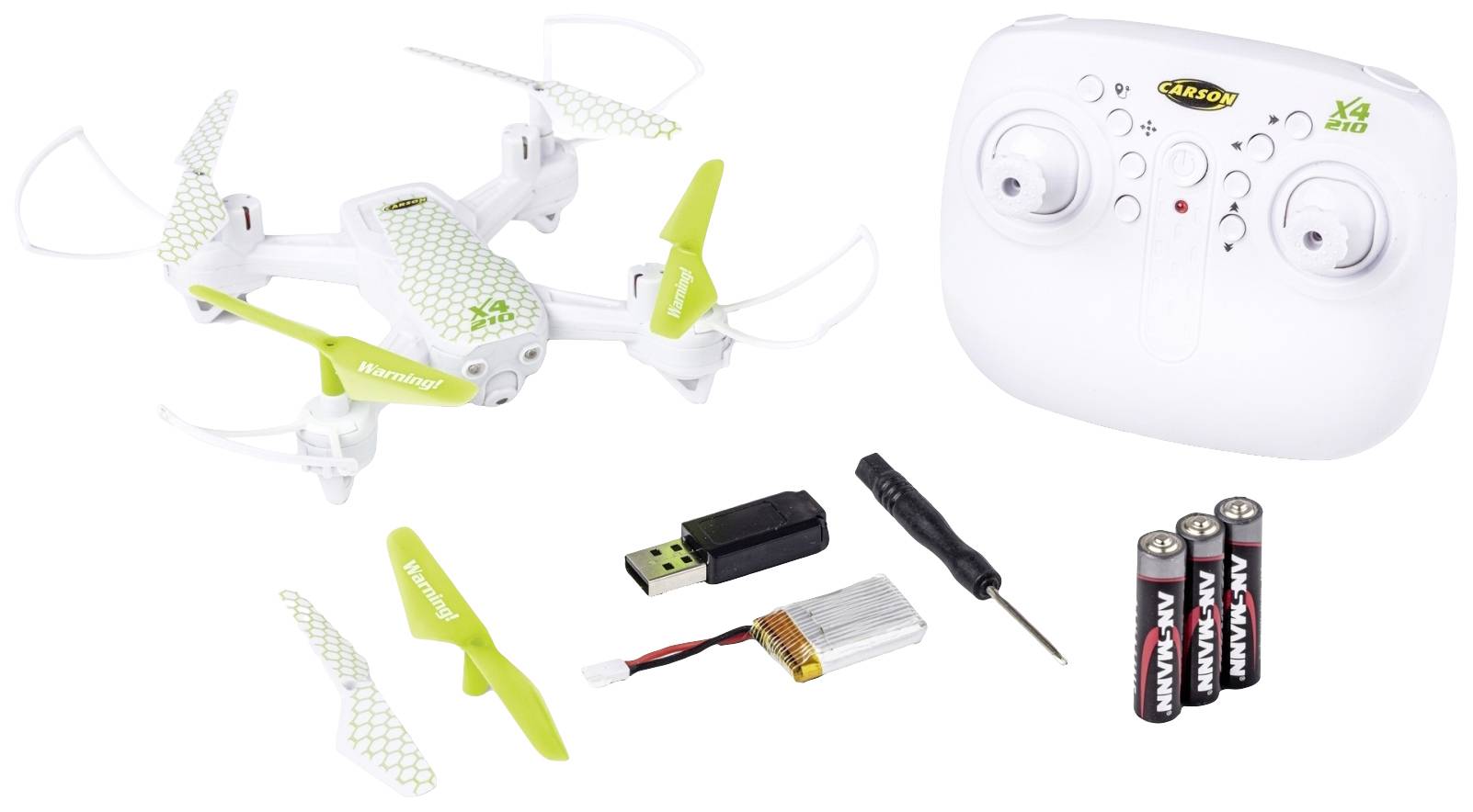 Mini drone con eliche verdi e motivo, telecomando, ricambio, caricabatterie USB, cacciavite e batterie su sfondo bianco.