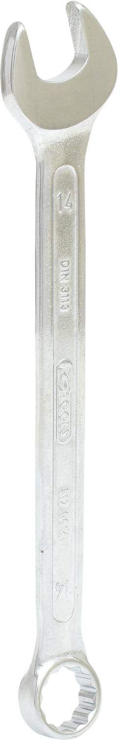 Una chiave inglese in argento con estremità aperte e ad anello. Adatta per viti e dadi da 14 mm.