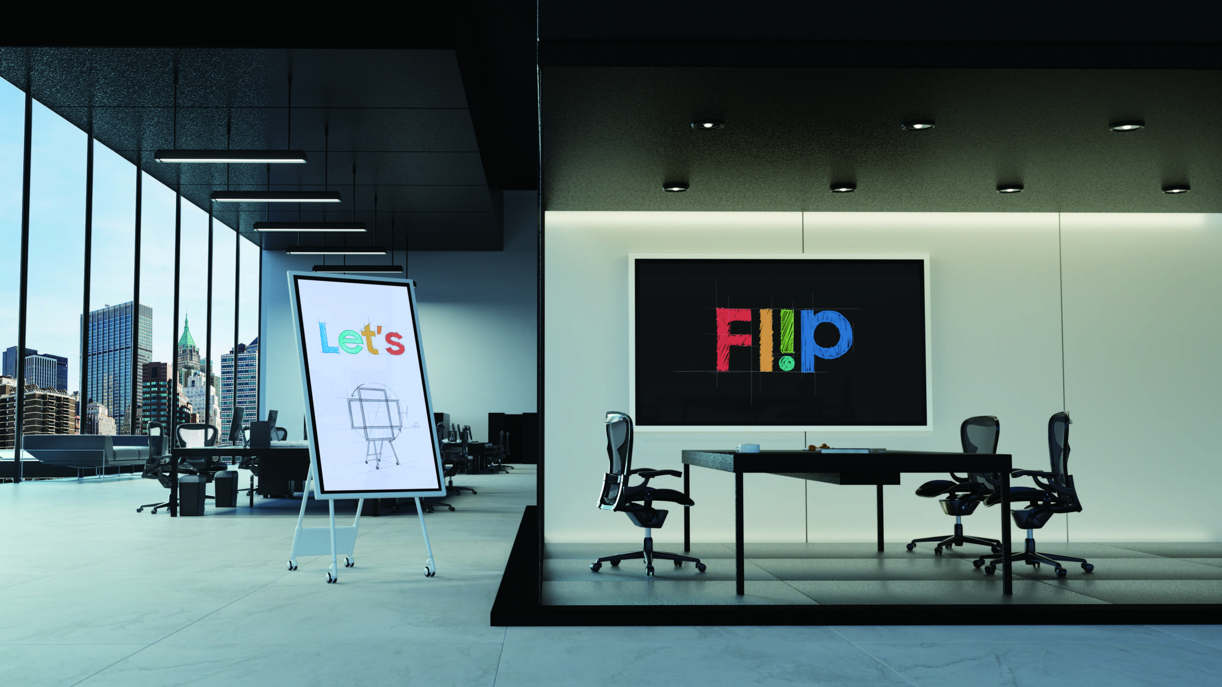 Un ufficio moderno con due scrivanie e sedie. Su uno schermo c'è scritto 'FliP' con lettere colorate. Un supporto mostra 'Let's'.