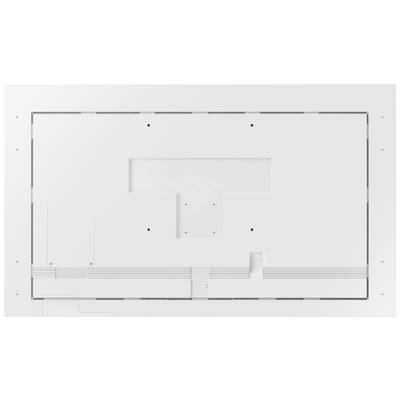 Vista posteriore di un dispositivo elettronico con un'apertura rettangolare centrale e diversi fori per viti, su sfondo bianco.