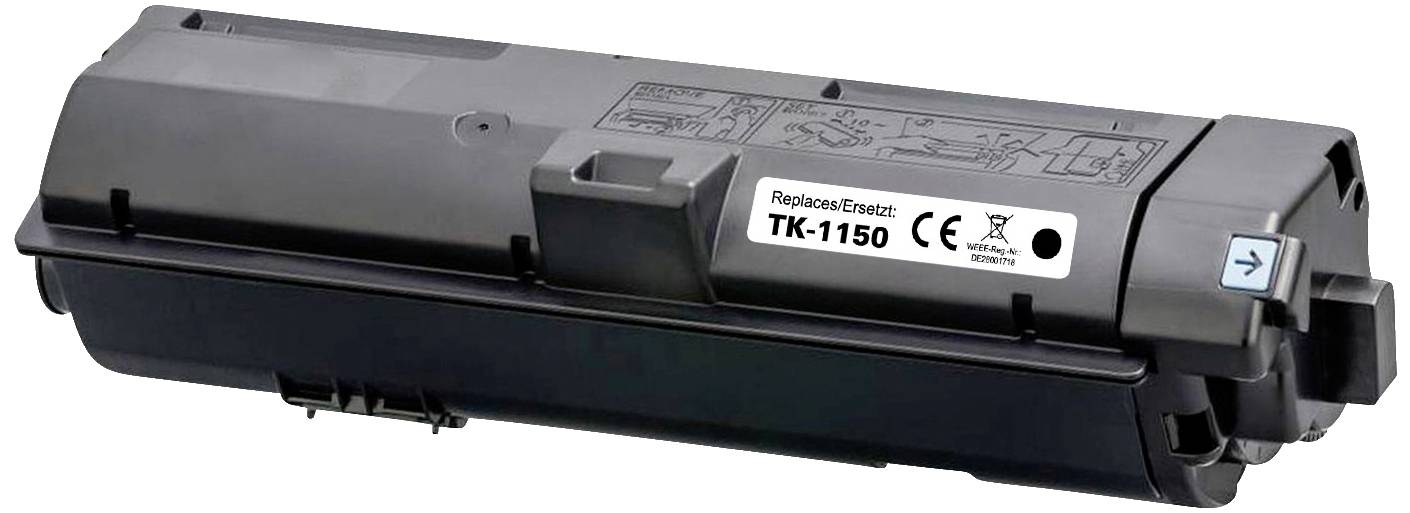 Una cartuccia di toner nero TK-1150, con istruzioni e informazioni sul prodotto stampate sopra.