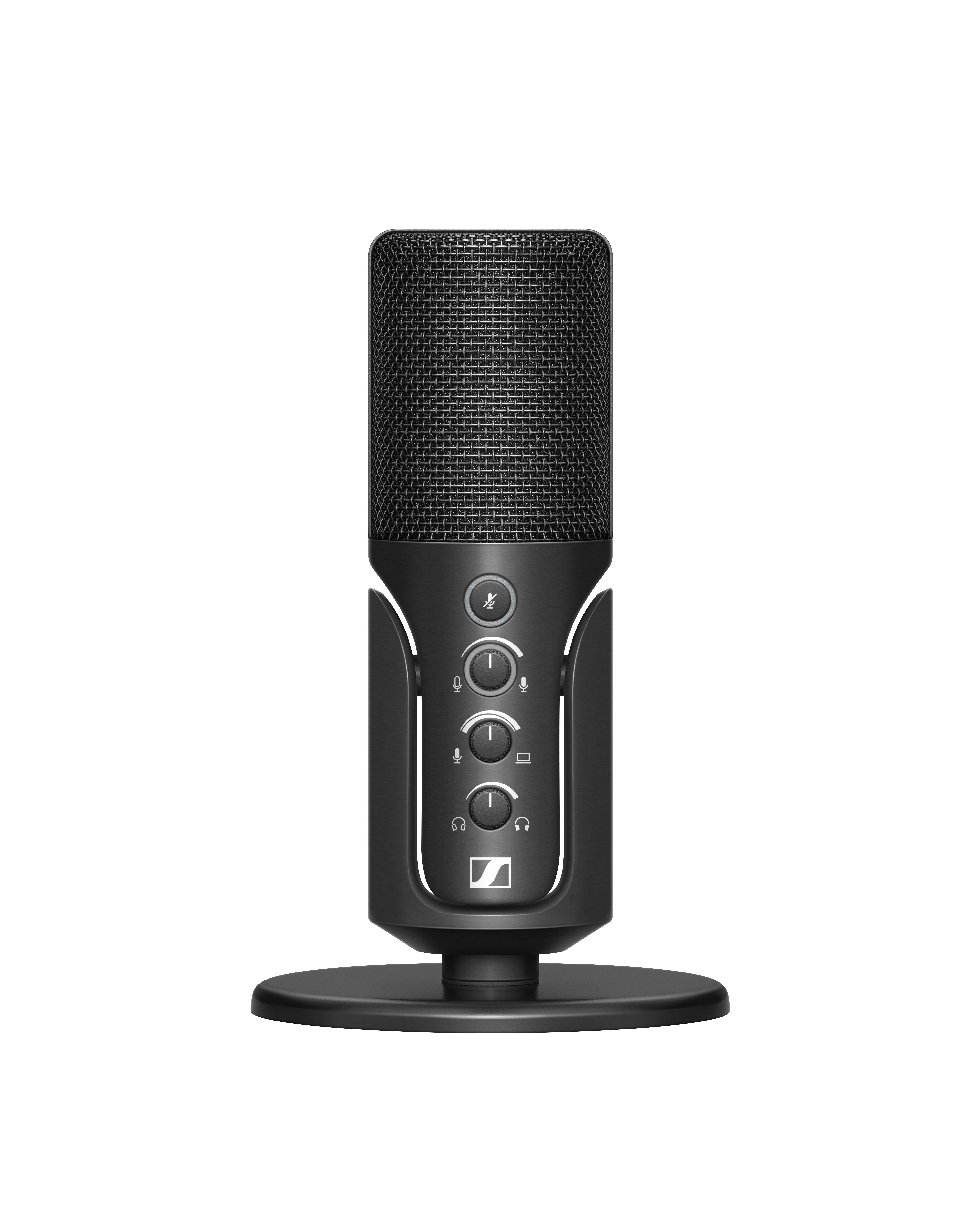 Un microfono da studio nero e professionale con pulsanti sul lato anteriore, poggiato su un supporto rotondo, su sfondo bianco.