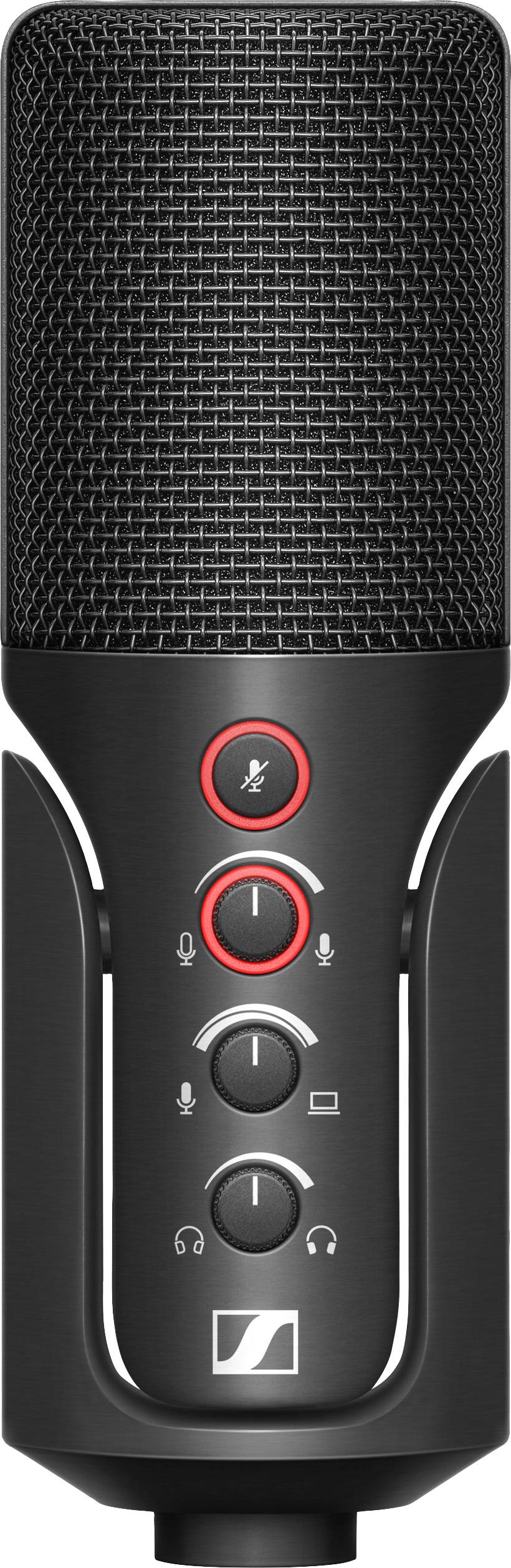 Microfono da tavolo nero con pulsanti funzione rossi e loghi sul lato frontale, adatto per registrazioni audio e podcast.