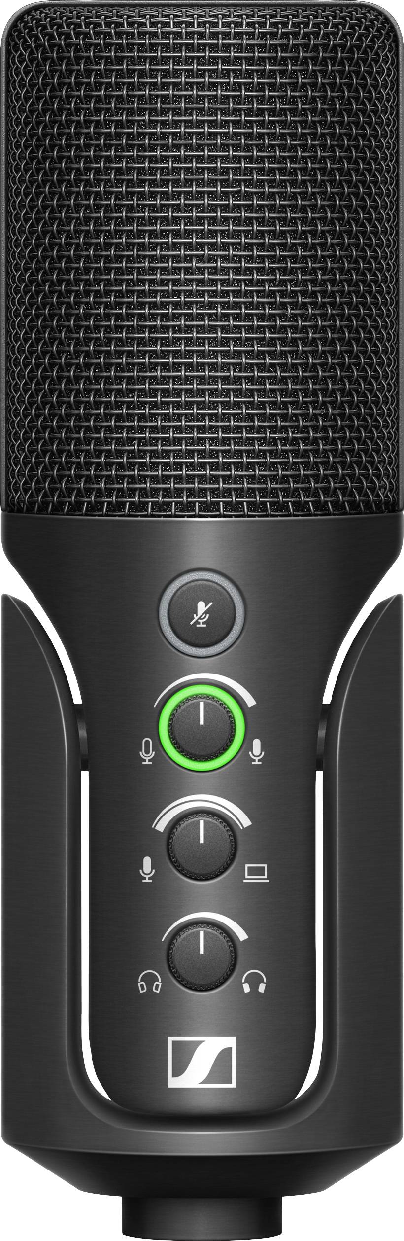 Microfono a condensatore nero con comandi integrati, tra cui disattivazione dell'audio e controllo del volume, ideale per registrazioni audio.