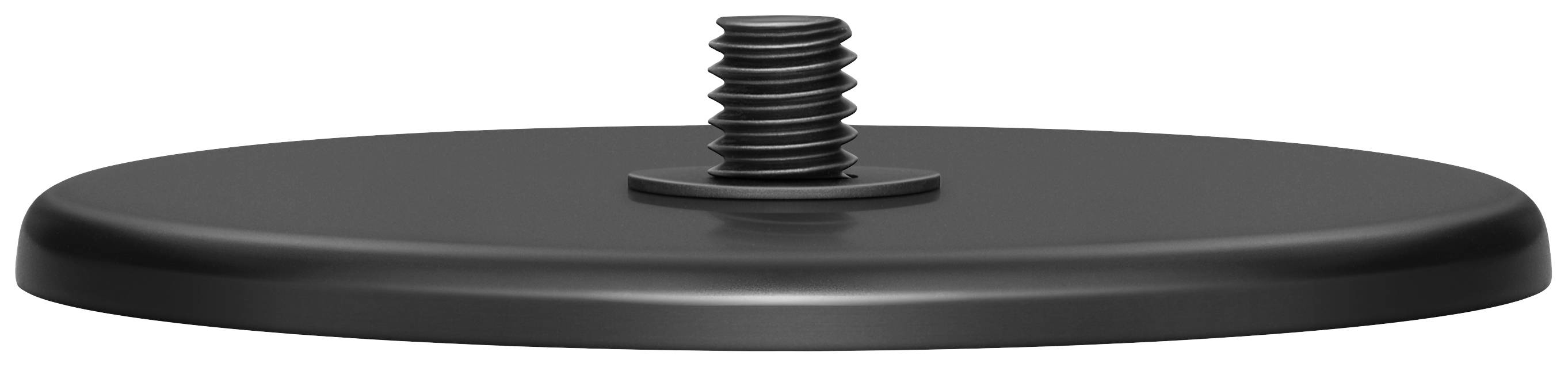 Un disco rotondo di metallo nero con un filetto al centro. Serve come base per fissare un oggetto.