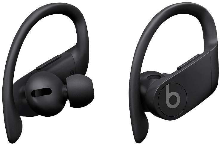 Auricolari wireless neri con archetti che si fissano saldamente alle orecchie. Sono ideali per attività sportive.