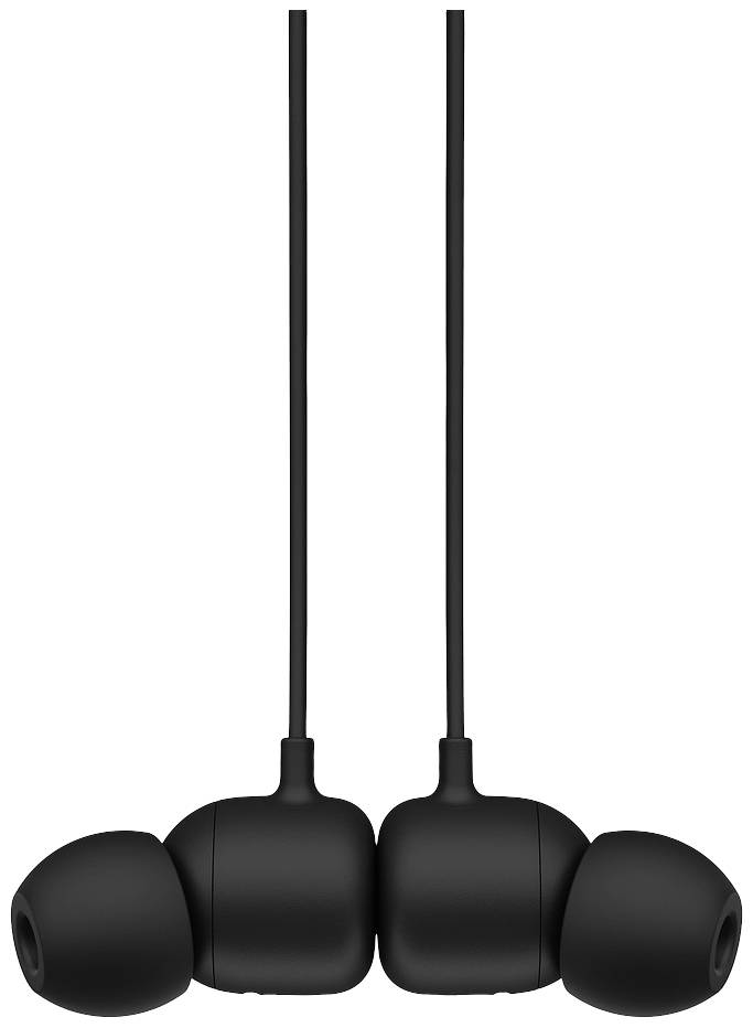 Cuffie in-ear nere con cavo. Sono rappresentate simmetricamente e sottolineano un design minimalista.