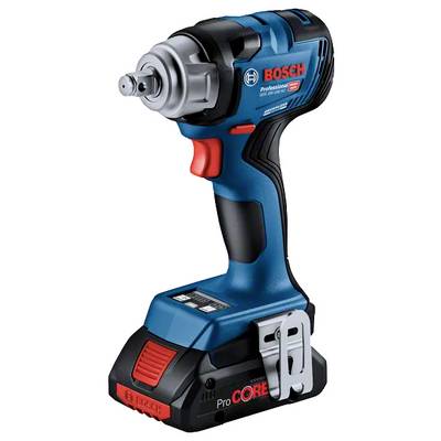 Un utensile professionale Bosch di colore blu e nero, con un accento rosso, dotato di batteria ProCORE, utilizzato per serrare e allentare bulloni.