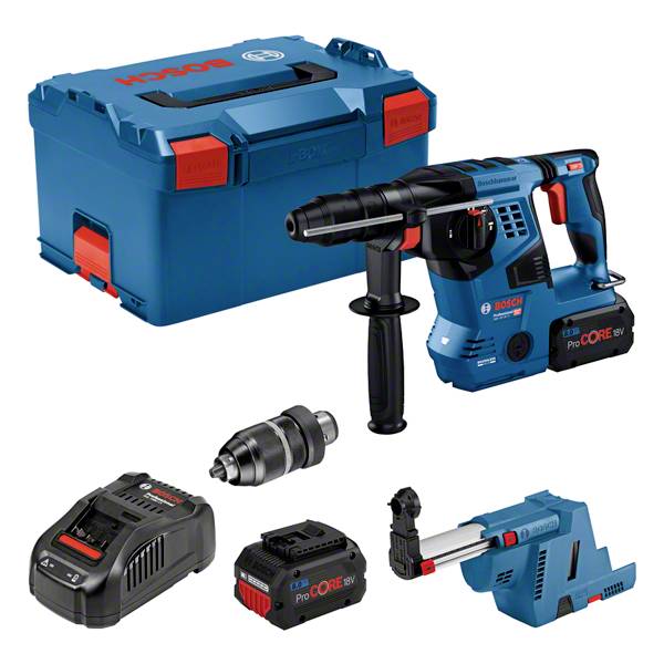 Un martello perforatore a batteria Bosch blu, completo di accessori, tra cui un caricabatterie, due batterie, un mandrino, un supporto per punte e una valigetta blu.