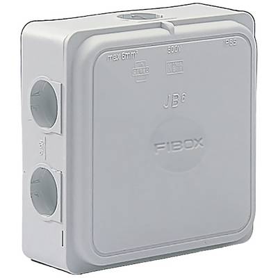 Scatola di connessione elettrica di colore grigio, con la scritta 'Fibox' sul lato frontale. Idonea per cavi fino a 6 mm² e 500V, grado di protezione IP65.