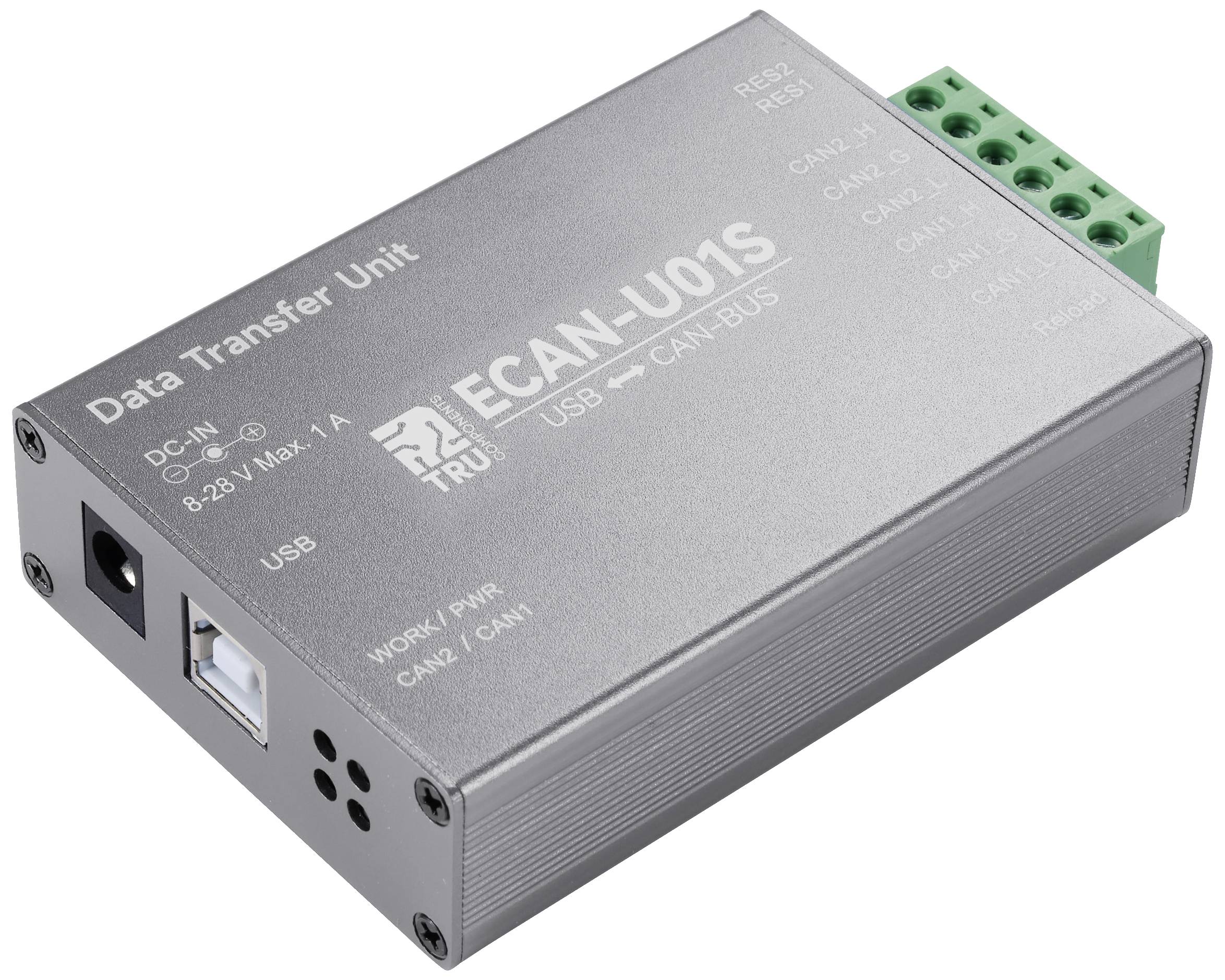 Involucro di un'unità di trasmissione dati con porte USB e CAN-Bus. Include indicatori di connessione e stato.
