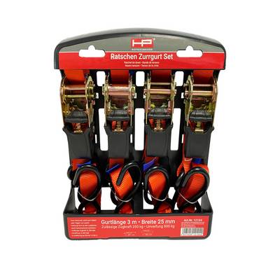 Set di cinghie di fissaggio 'Ratschen' con quattro cinghie arancioni su un supporto nero. Cinghie: lunghezza 3 m, larghezza 25 mm, forza di trazione massima 250 kg.