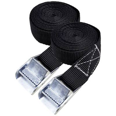Due cinghie di fissaggio nere con fibbie in metallo argentato. Utilizzate per fissare e assicurare oggetti.
